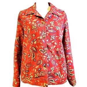 Appleseeds Floral Red Tapestry Jacket Size OX 100% Cotton Soft Button Front